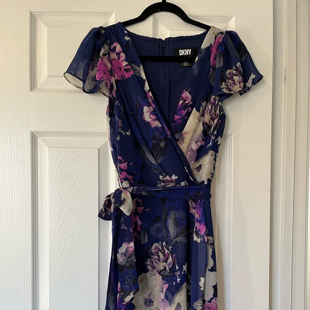 DKNY Floral Flutter Sleeve Faux Wrap Midi Dress